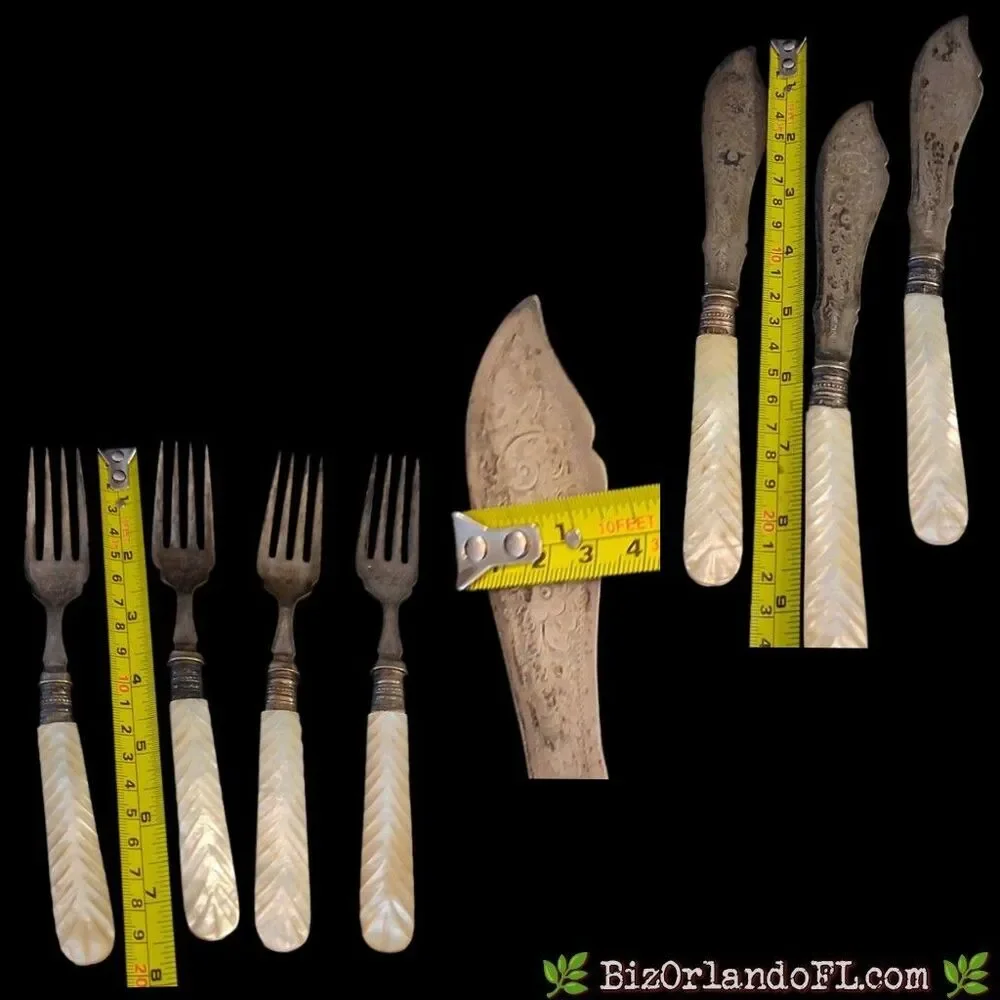Antique Mother of Pearl Fish Set 4 Knives 4 Forks Chevron Carved Silverplate 8pc
